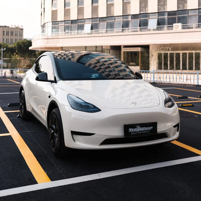 High Gloss Vanilla Mist Vinyl Wrap Tesla showing exterior.