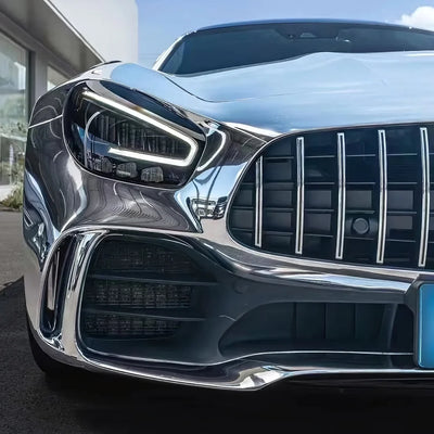 AMG with a shimmering Chrome White Gold Vinyl Wrap.
