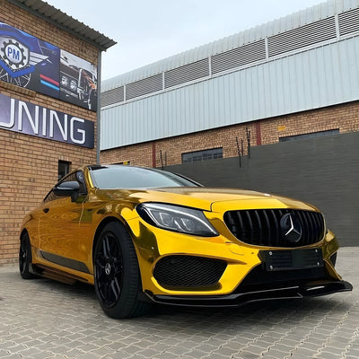 Yellow Gold Mirror Chrome Mercedes with golden vinyl wrap.