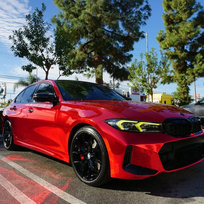 Cherry Red Mirror Chrome vinyl wrap on BMW.
