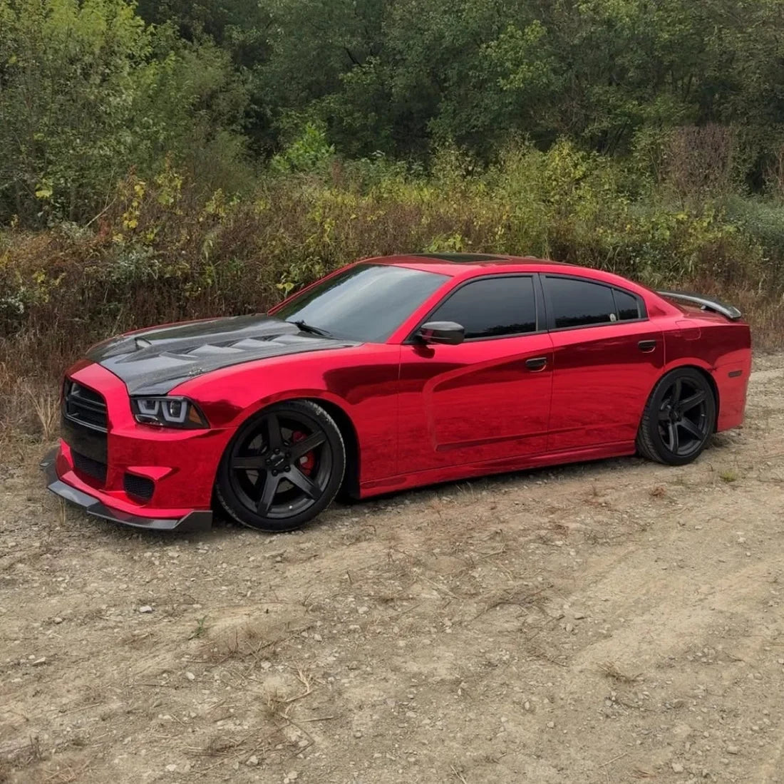 Dodge showing off its glossy Cherry Red Mirror Chrome vinyl wrap finish.
