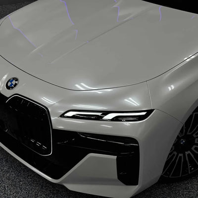 Gloss Color Shift Pearl White Vinyl Wrap on BMW front