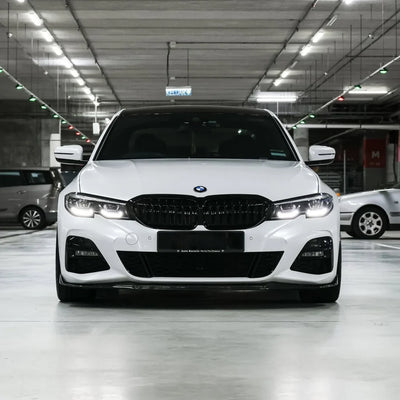White Pearl Glitter Gloss vinyl wrap BMW 3 Series under parking side.