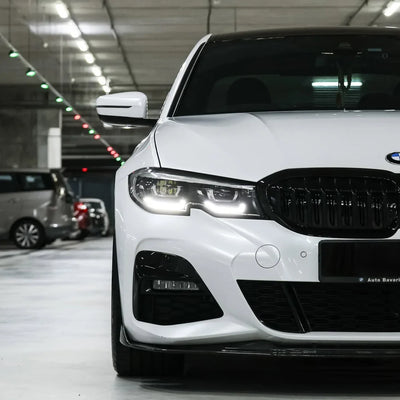 White Pearl Glitter Gloss vinyl wrap  BMW 3 Series with sporty styling.