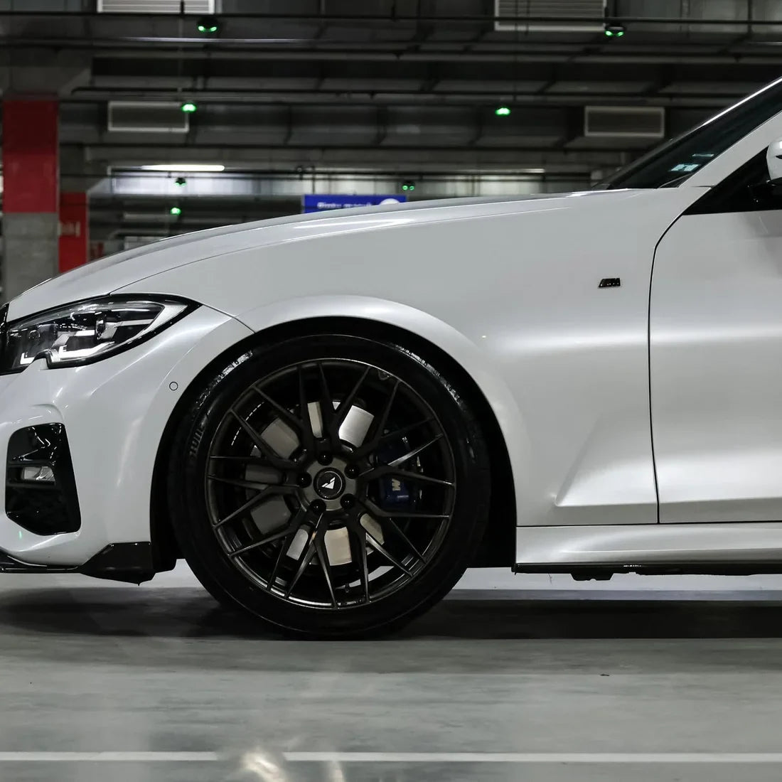 White Pearl Glitter Gloss vinyl wrap BMW 3 Series front side view.