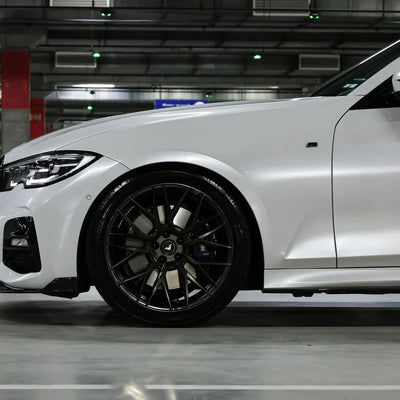 White Pearl Glitter Gloss vinyl wrap BMW 3 Series front side view.