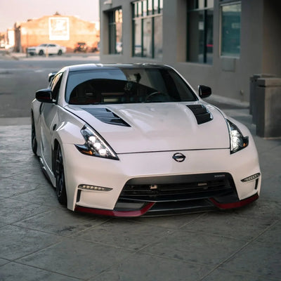 White Pearl Glitter Gloss vinyl wrap Nissan 370Z front view.