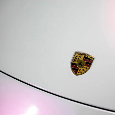 lavender pearl white chameleon wrap on prosche hood