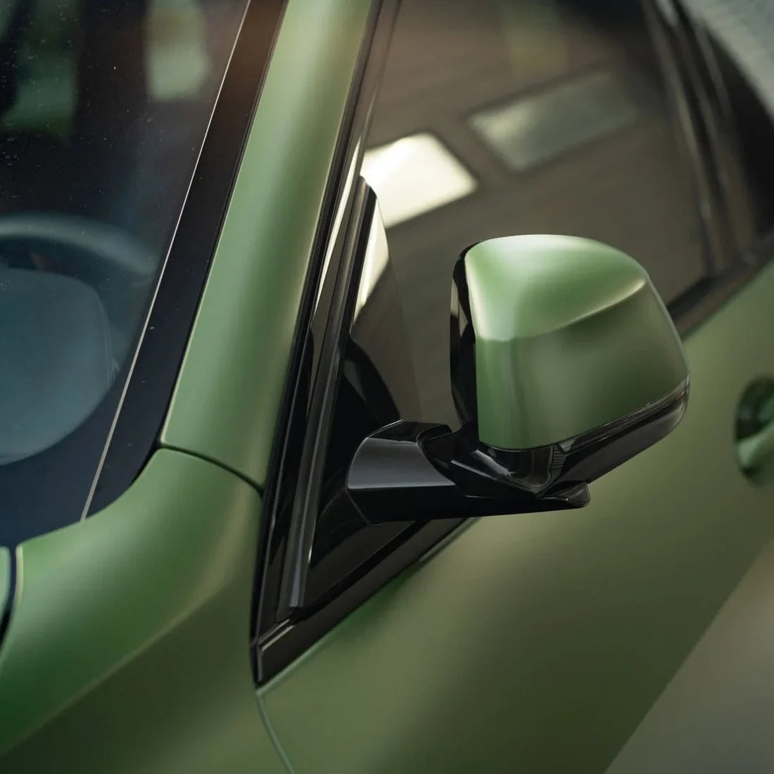 Matte Military Green Vinyl Wrap on BMW side mirror