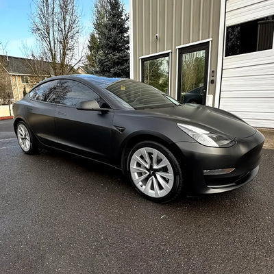 Super Satin Raven Black wrap on Tesla