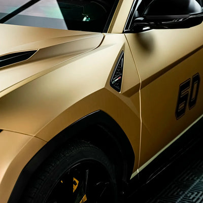 Satin Metallic Imperial Gold Vinyl Wrap on Lamborghini fender