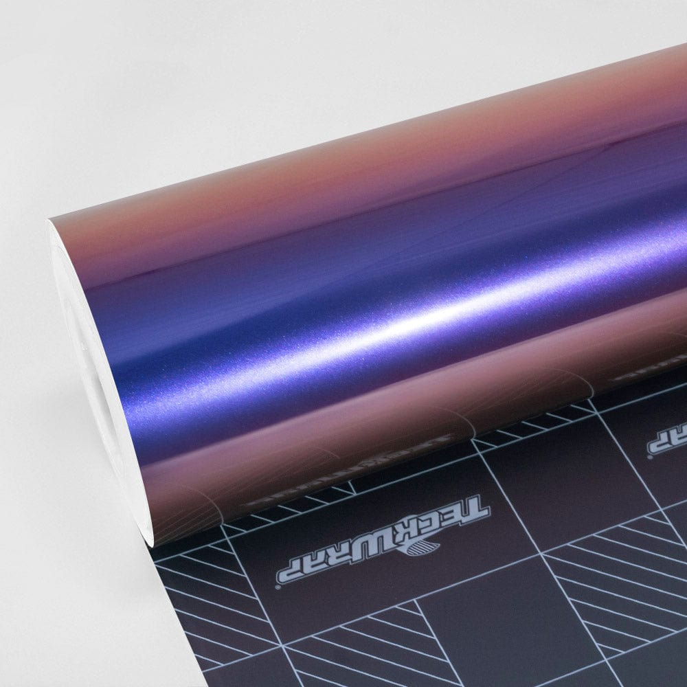 TeckWrap Purple Sunset (RD20PRO-HD) gloss chameleon metallic vinyl wrap roll displaying a smooth gradient of purple to copper tones.