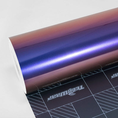 TeckWrap Purple Sunset (RD20PRO-HD) gloss chameleon metallic vinyl wrap roll displaying a smooth gradient of purple to copper tones.