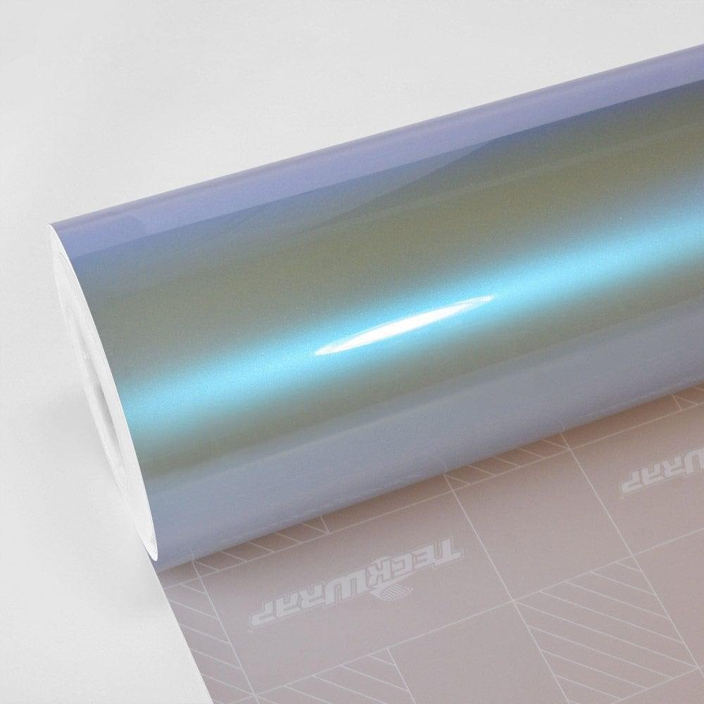 Close-up of a glossy vinyl wrap roll by Teckwrap in Azure Maya Blue