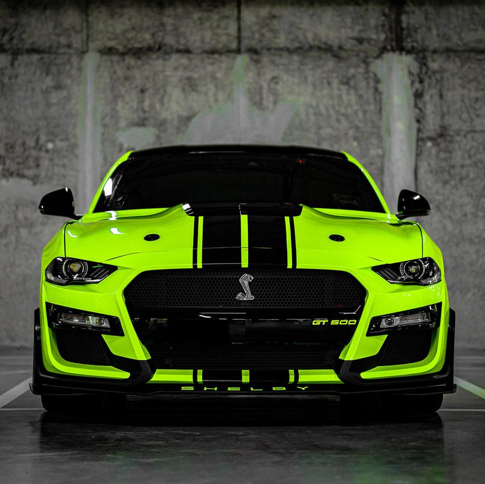Shelby Mustang wrapped with glossy Gecko Green vinyl