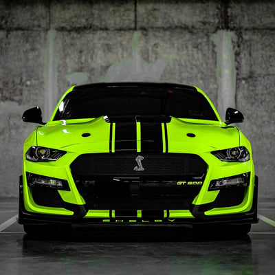 Shelby Mustang wrapped with glossy Gecko Green vinyl