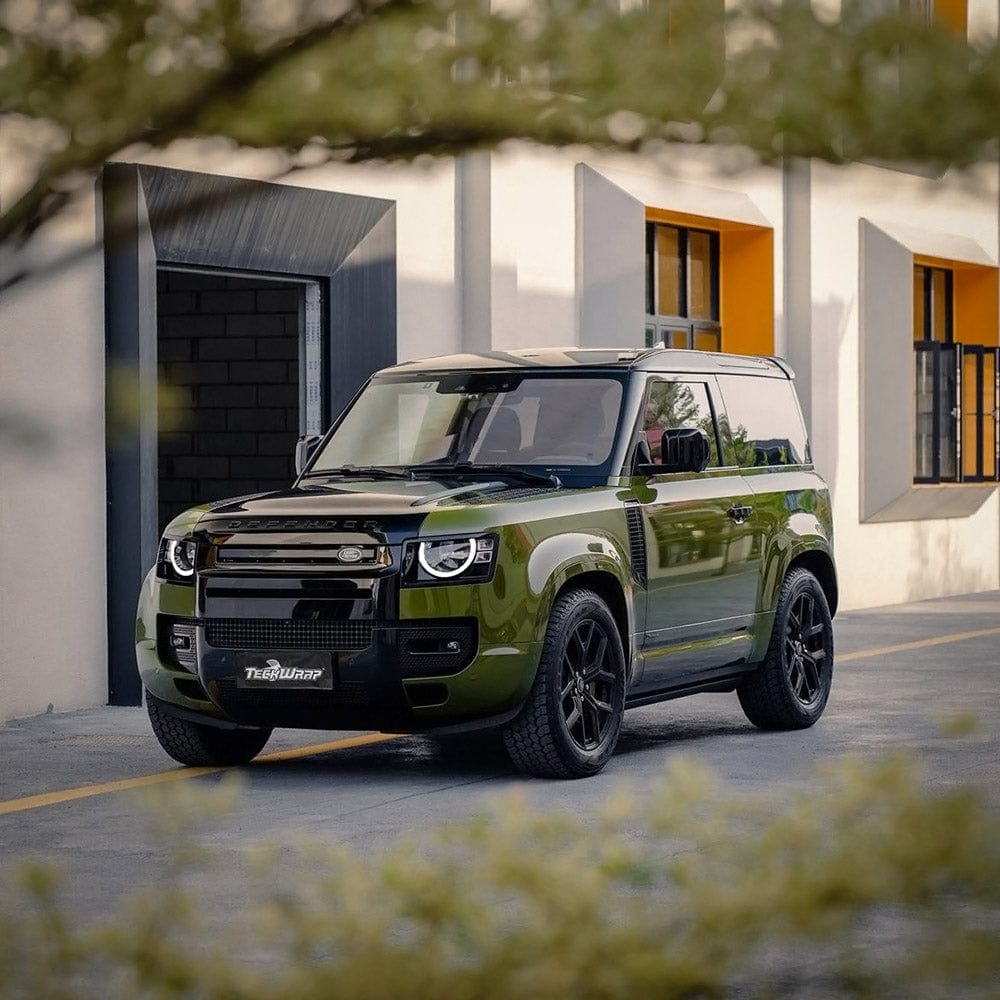 Defender wrapped in  Khaki Green High Glossy Vinyl