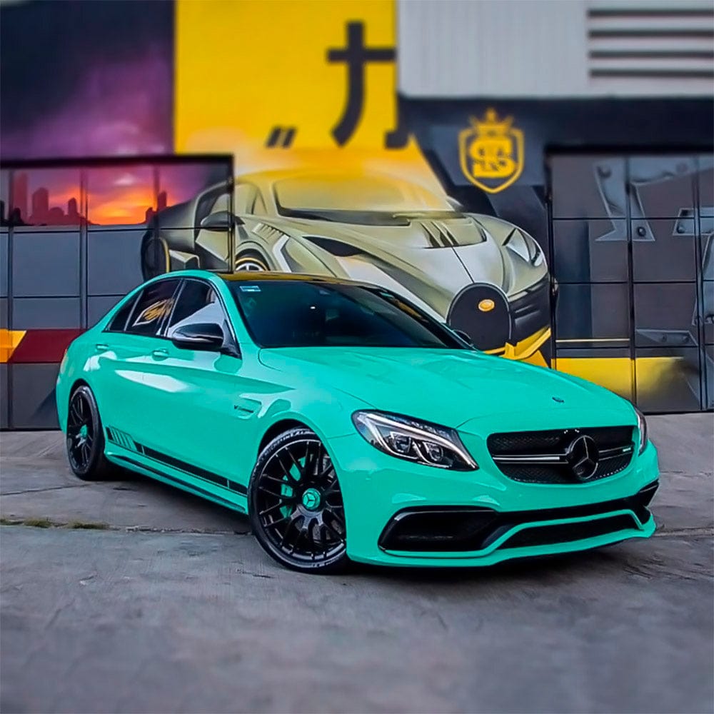 Mercedes sedan wrapped in Tiffany gloss vinyl