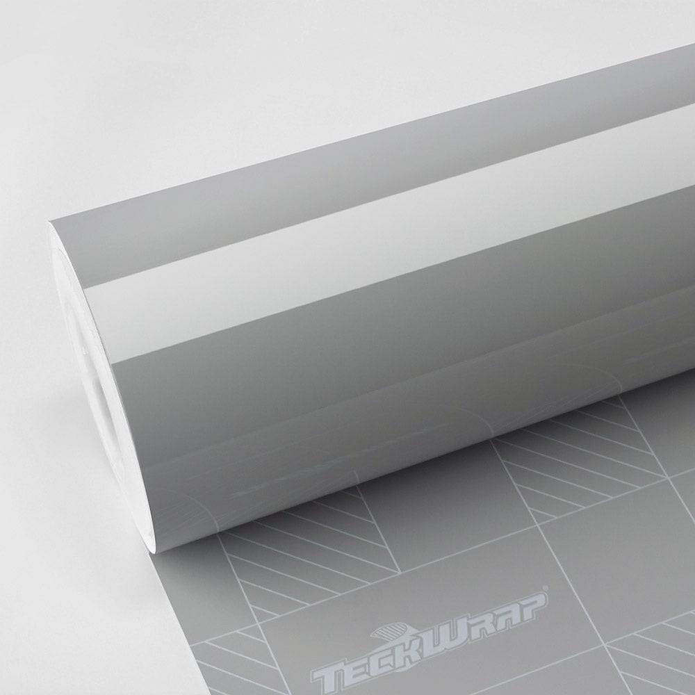High-gloss TeckWrap Vintage Grey (CG47-HD) vinyl wrap roll with reflective finish on branded backing paper.