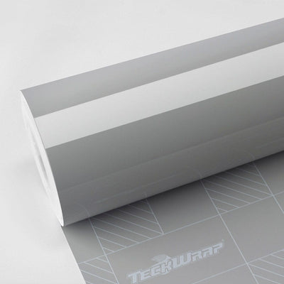 High-gloss TeckWrap Vintage Grey (CG47-HD) vinyl wrap roll with reflective finish on branded backing paper.