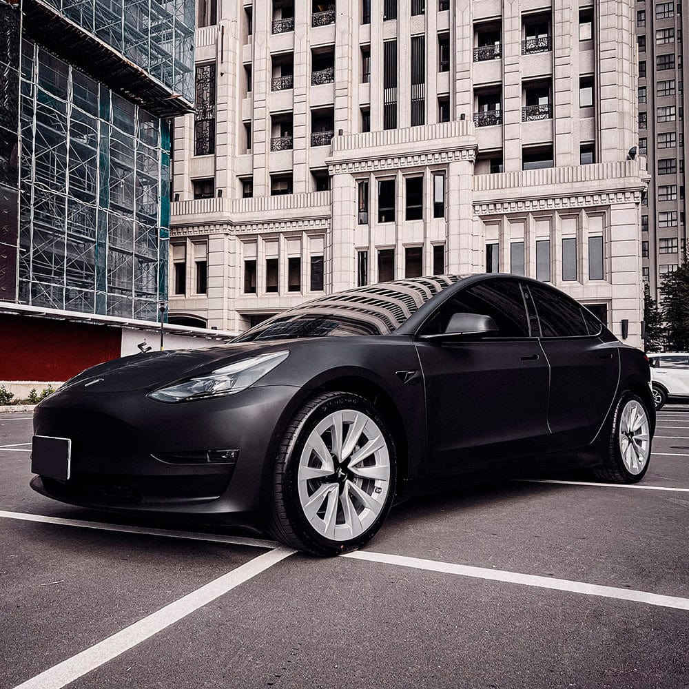 Tesla Model 3 wrapped in Deep Black matte vinyl