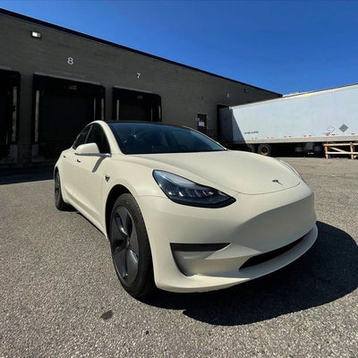 Tesla Model 3 front angle Vanilla Cream Matte Vinyl Wrap