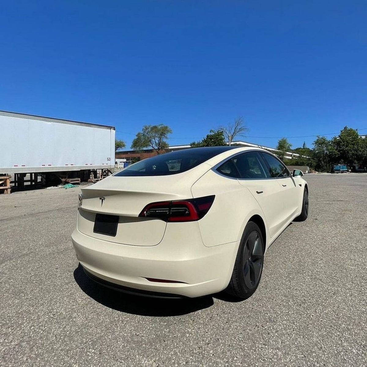 Tesla Model 3 wrapped in Vanilla Cream Matte Vinyl