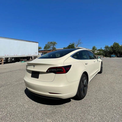 Tesla Model 3 wrapped in Vanilla Cream Matte Vinyl