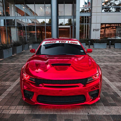 Front View of a Cherry Red Chrome Vinyl Wrapped Car