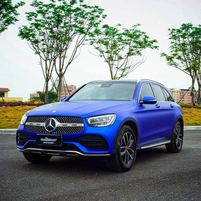 Mercedes-Benz wrapped elegantly in Teckwrap Satin Admiral Blue vinyl,