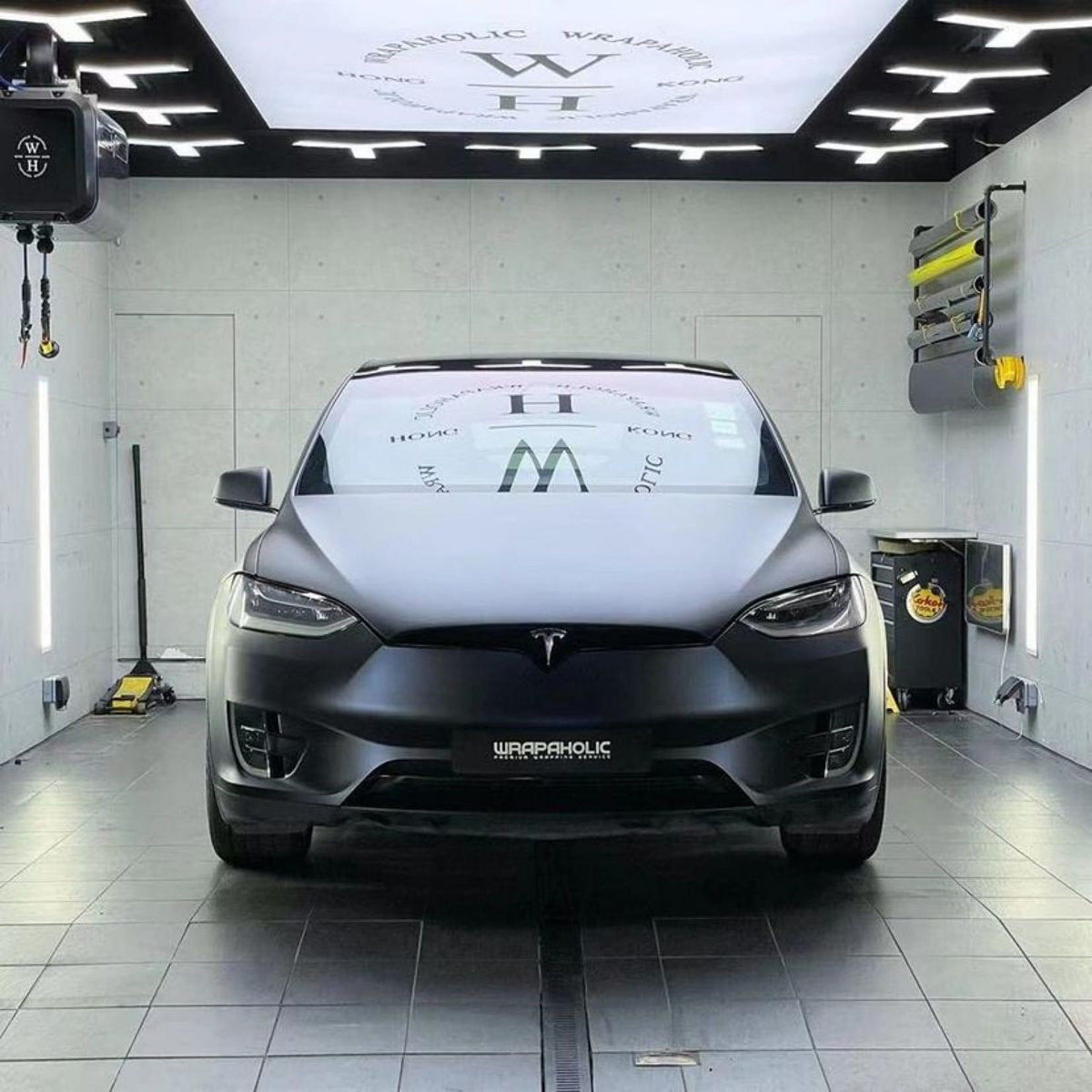 of a Tesla wrapped elegantly in TeckWrap Satin Boysenberry Black