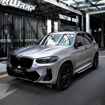  BMW SUV in Charcoal Grey Satin Vinyl Wrap by TeckWrap, capturing its premium finish 