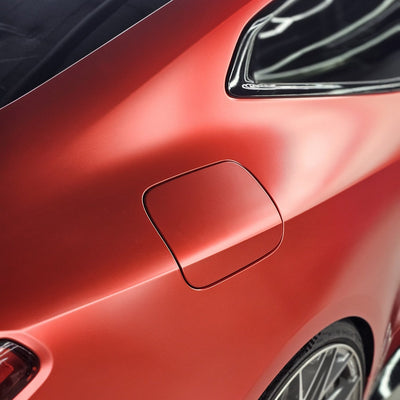 Recessed fuel door wrapped in Satin Crimson Red Vinyl Wrap