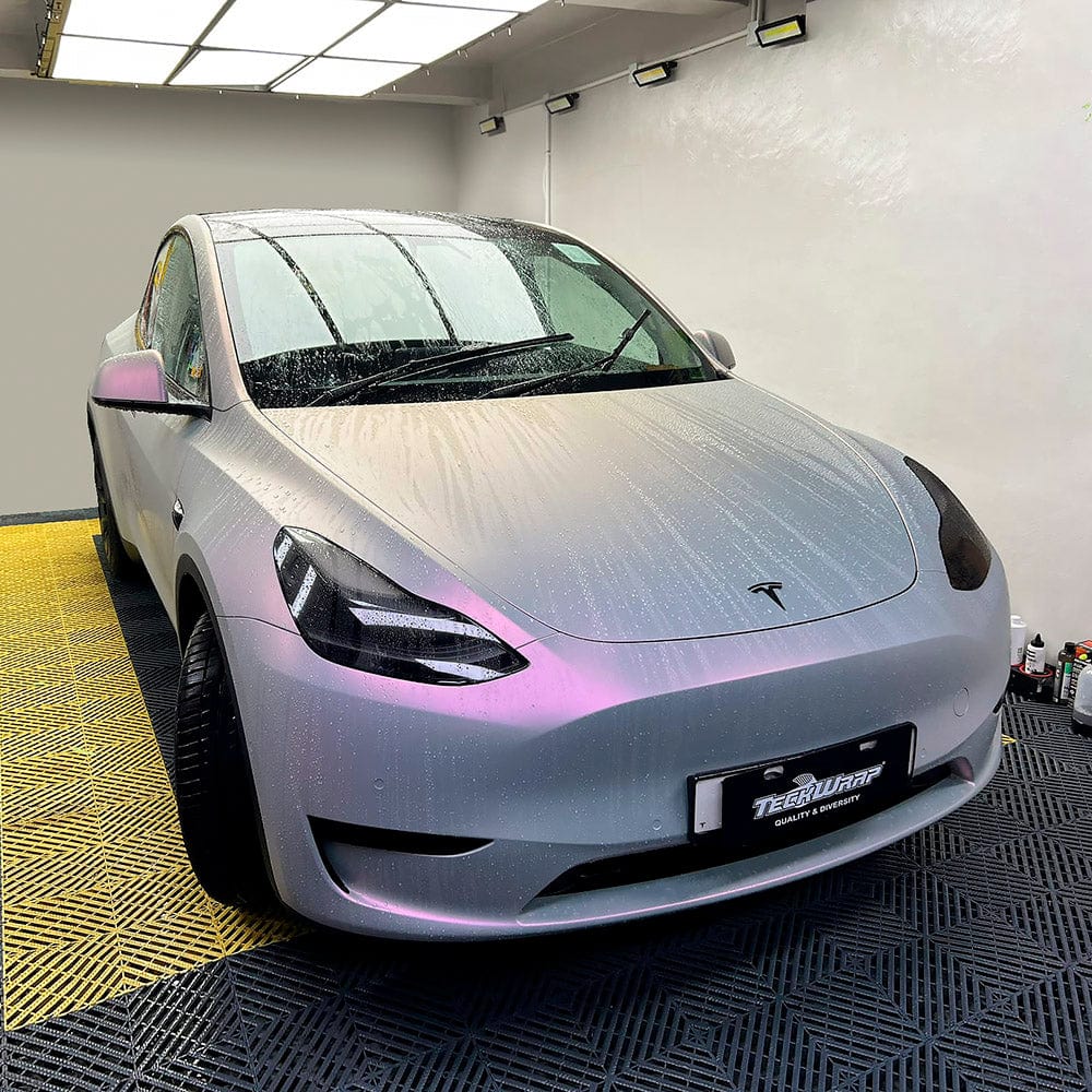 Tesla covered in Silver Sunset Matte Satin Vinyl Wrap