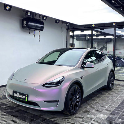 Tesla car wrapped in Silver Sunset Matte Satin Vinyl