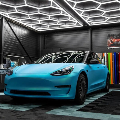 Tesla Model 3 Wrapped in Surf Blue Satin Vinyl Wrap
