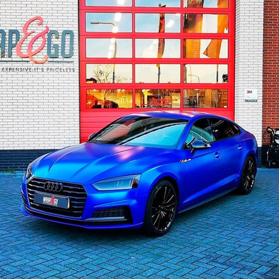Audi car wrapped in  Velvet Blue Satin Vinyl Wrap