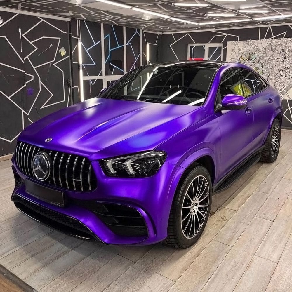 Mercedes-Benz SUV enhanced with TeckWrap's Violet Purple (VCH416-S) Satin Vinyl Wrap, emphasizing its bold purple color and sophisticated satin sheen.