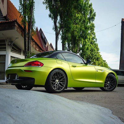 BMW Z4 wrapped in Yellow Lime satin vinyl film